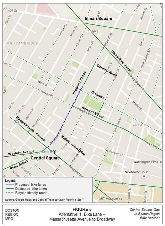 Figure 5 – Map of Alternative 1, which proposes adding bike lanes to Prospect Street from Massachusetts Avenue to Broadway.